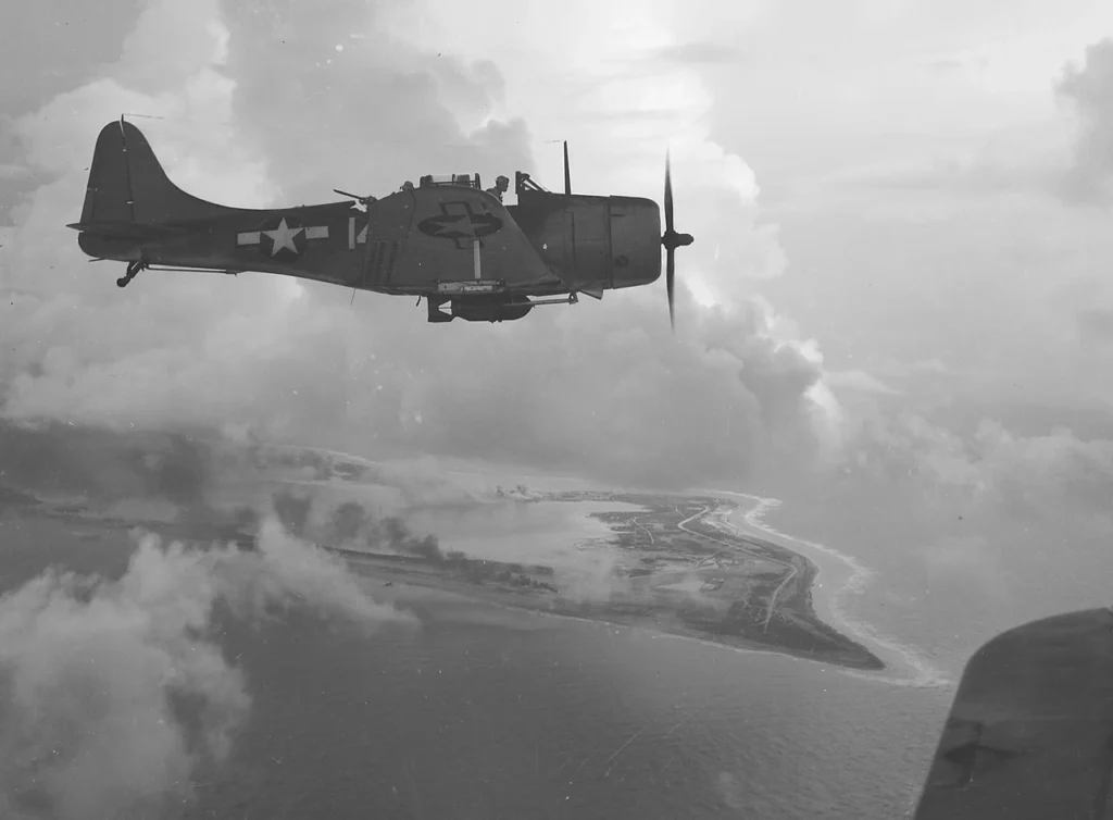 A VB-5 SBD from Yorktown over Wake