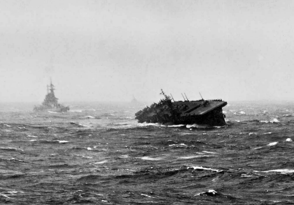 USS Langley CVL 27 and battleship in typhoon 1944